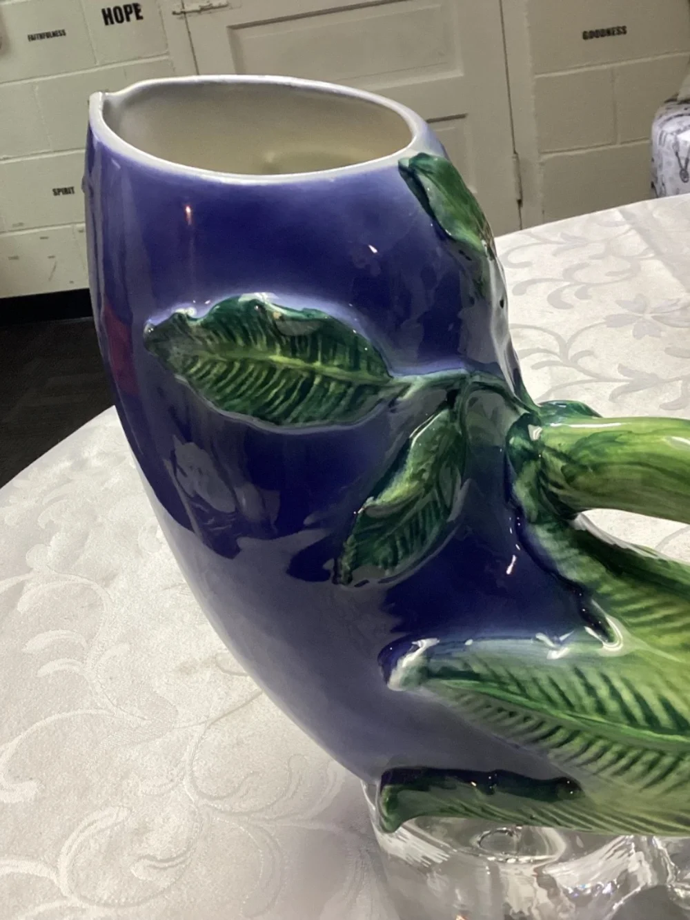 Eggplant pitcher majolica style. Fabulous item